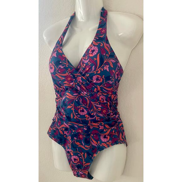 Boden | Swim NWT Levanoz Ruched One Piece Halter Purple and Pink Floral Size 6 - Picture 4 of 7